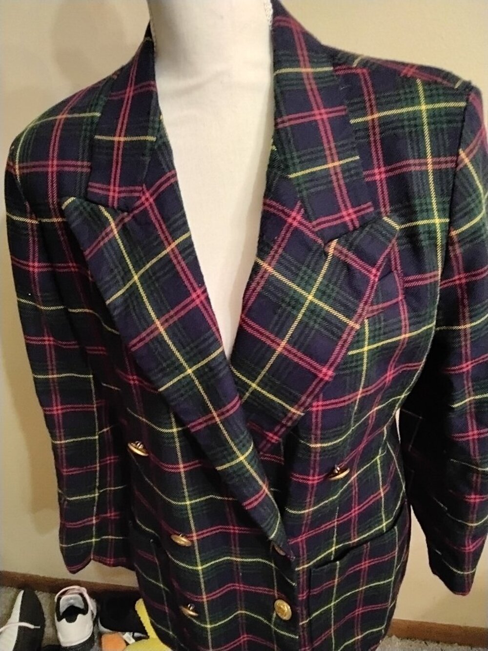 Vtg Alex New York Plaid Wool Blazer Jacket Double Breasted Green Red Size S